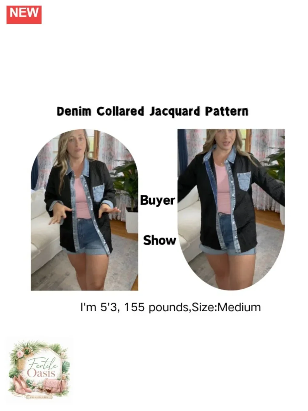 Denim Patchwork Button Down Shacket Loose Fit Women's Casual Jacket